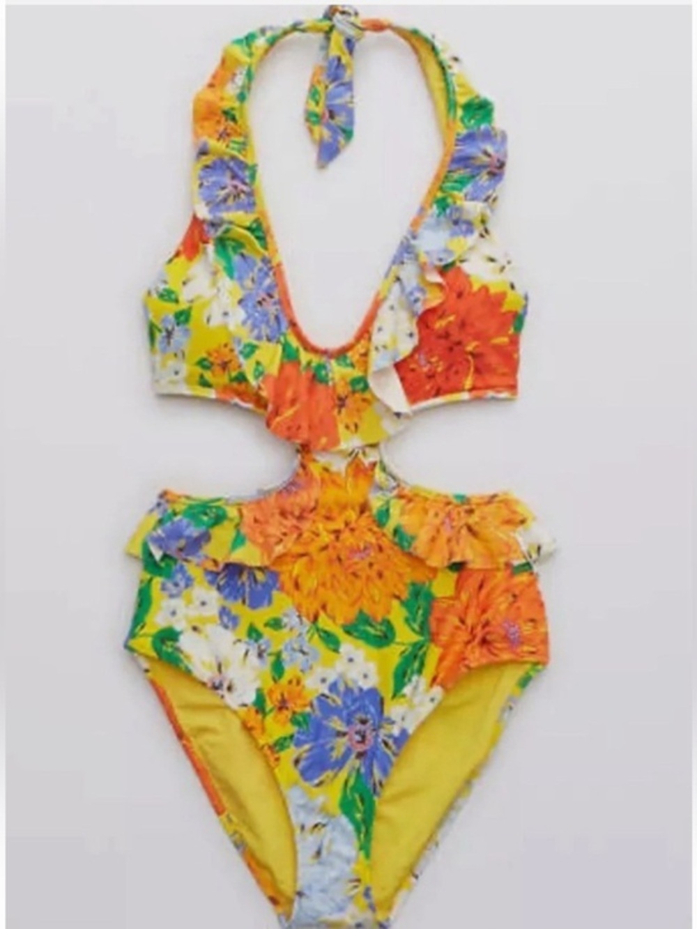 NWT Aerie Floral Cutout Halter One-Piece Swimsuit - Yellow Multi